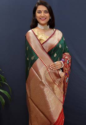Bottle green banarasi silk blend saree with multicolor paithani floral border & pallu 4