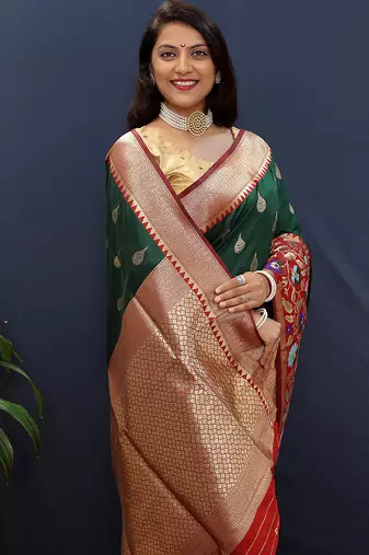 Bottle green banarasi silk blend saree with multicolor paithani floral border & pallu