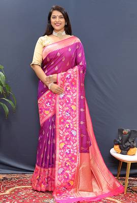 Magenta pink banarasi silk blend saree with multicolor paithani floral border & pallu 1