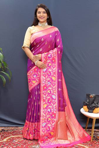 Magenta pink banarasi silk blend saree with multicolor paithani floral border & pallu