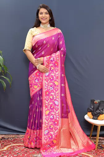 Magenta pink banarasi silk blend saree with multicolor paithani floral border & pallu