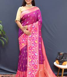 Magenta pink banarasi silk blend saree with multicolor paithani floral border & pallu