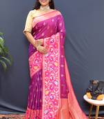 Magenta pink banarasi silk blend saree with multicolor paithani floral border & pallu