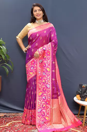 Magenta pink banarasi silk blend saree with multicolor paithani floral border & pallu