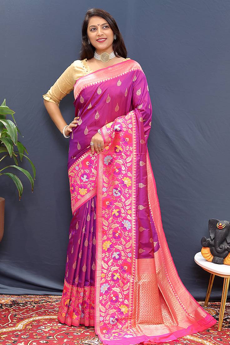 Magenta pink banarasi silk blend saree with multicolor paithani floral border & pallu