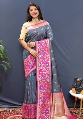 Slate grey banarasi silk blend saree with multicolor paithani floral border & pallu 1