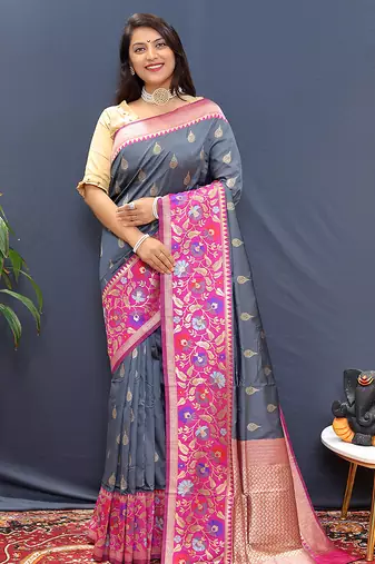 Slate grey banarasi silk blend saree with multicolor paithani floral border & pallu