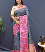 Slate grey banarasi silk blend saree with multicolor paithani floral border & pallu