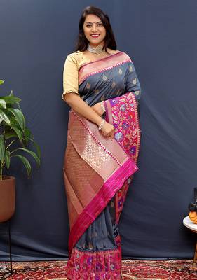 Slate grey banarasi silk blend saree with multicolor paithani floral border & pallu 2