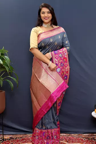 Slate grey banarasi silk blend saree with multicolor paithani floral border & pallu