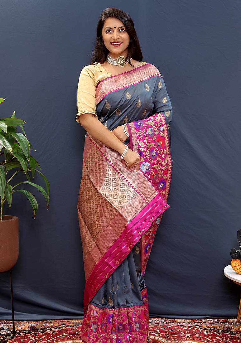 Slate grey banarasi silk blend saree with multicolor paithani floral border & pallu