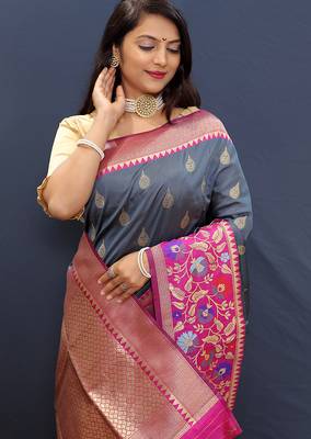 Slate grey banarasi silk blend saree with multicolor paithani floral border & pallu 3
