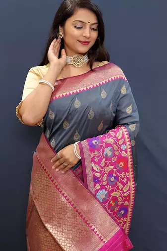 Slate grey banarasi silk blend saree with multicolor paithani floral border & pallu