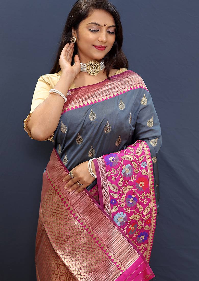 Slate grey banarasi silk blend saree with multicolor paithani floral border & pallu