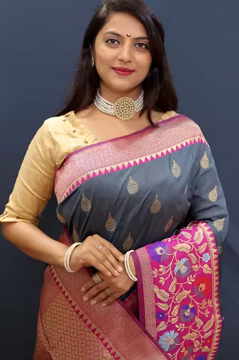 Slate grey banarasi silk blend saree with multicolor paithani floral border & pallu
