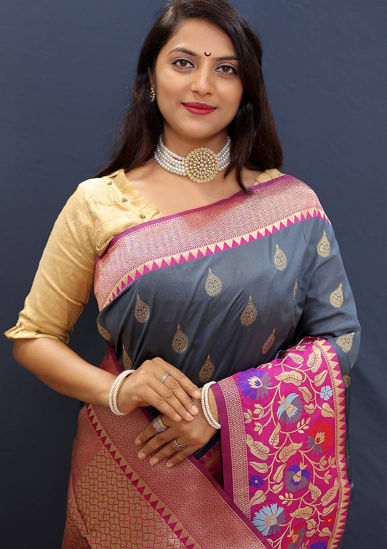 Slate grey banarasi silk blend saree with multicolor paithani floral border & pallu