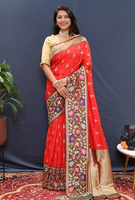 Red banarasi silk blend saree with multicolor paithani floral border & pallu 1