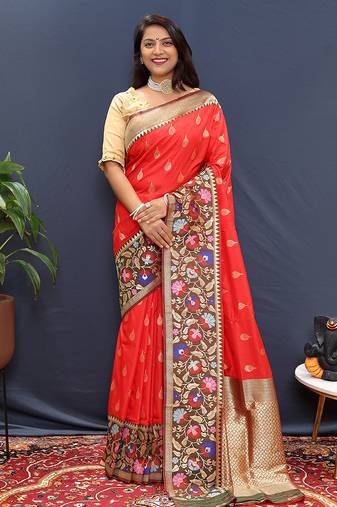 Red banarasi silk blend saree with multicolor paithani floral border & pallu