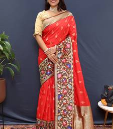 Red banarasi silk blend saree with multicolor paithani floral border & pallu