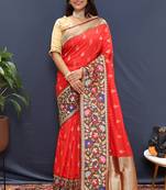 Red banarasi silk blend saree with multicolor paithani floral border & pallu