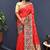 Red banarasi silk blend saree with multicolor paithani floral border & pallu