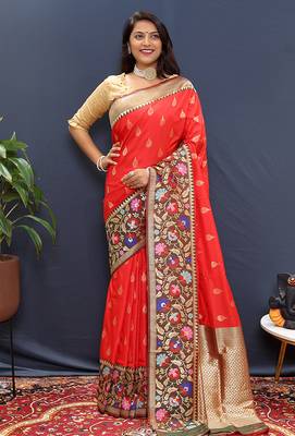 Red banarasi silk blend saree with multicolor paithani floral border & pallu 2