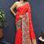 Red banarasi silk blend saree with multicolor paithani floral border & pallu