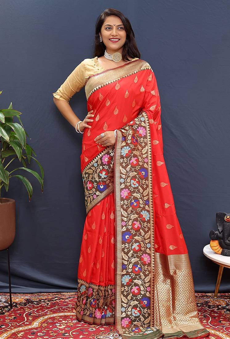 Red banarasi silk blend saree with multicolor paithani floral border & pallu
