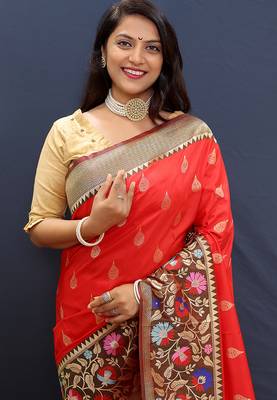 Red banarasi silk blend saree with multicolor paithani floral border & pallu 3