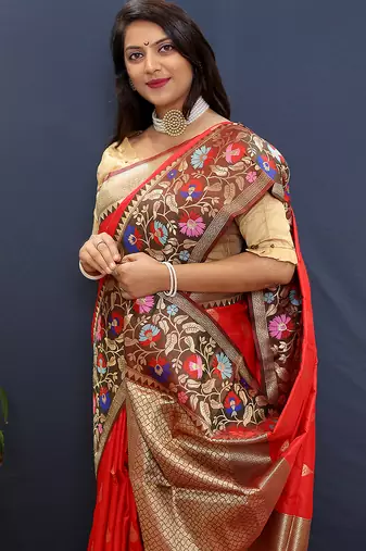Red banarasi silk blend saree with multicolor paithani floral border & pallu