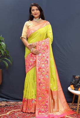 Lime green banarasi silk blend saree with multicolor paithani floral border & pallu 1