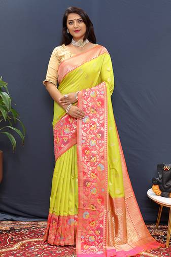 Lime green banarasi silk blend saree with multicolor paithani floral border & pallu
