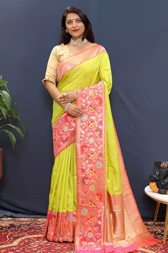 Lime green banarasi silk blend saree with multicolor paithani floral border & pallu