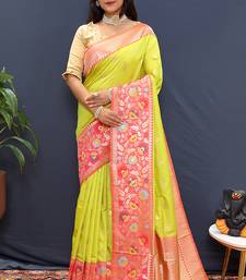 Lime green banarasi silk blend saree with multicolor paithani floral border & pallu