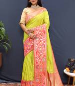 Lime green banarasi silk blend saree with multicolor paithani floral border & pallu