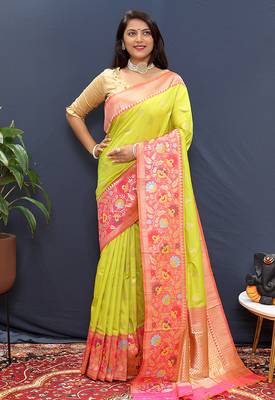 Lime green banarasi silk blend saree with multicolor paithani floral border & pallu 2