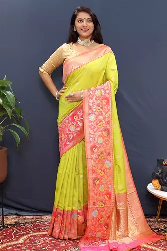 Lime green banarasi silk blend saree with multicolor paithani floral border & pallu