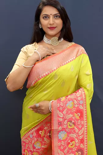 Lime green banarasi silk blend saree with multicolor paithani floral border & pallu