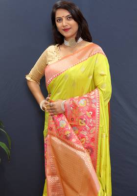Lime green banarasi silk blend saree with multicolor paithani floral border & pallu 4