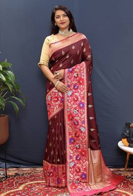 Maroon banarasi silk blend saree with multicolor paithani floral border & pallu 1