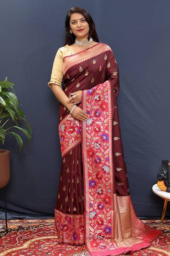 Maroon banarasi silk blend saree with multicolor paithani floral border & pallu