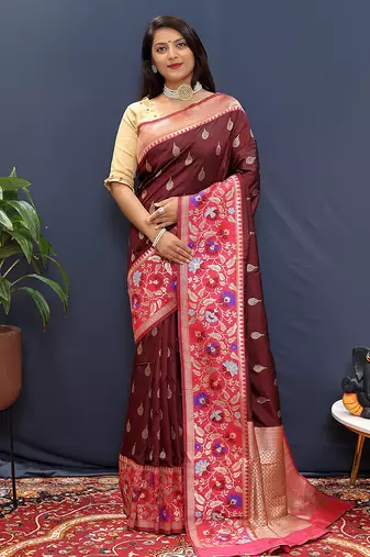 Maroon banarasi silk blend saree with multicolor paithani floral border & pallu