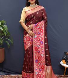 Maroon banarasi silk blend saree with multicolor paithani floral border & pallu