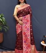 Maroon banarasi silk blend saree with multicolor paithani floral border & pallu