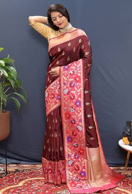 Maroon banarasi silk blend saree with multicolor paithani floral border & pallu 2