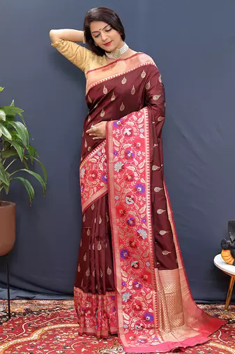 Maroon banarasi silk blend saree with multicolor paithani floral border & pallu