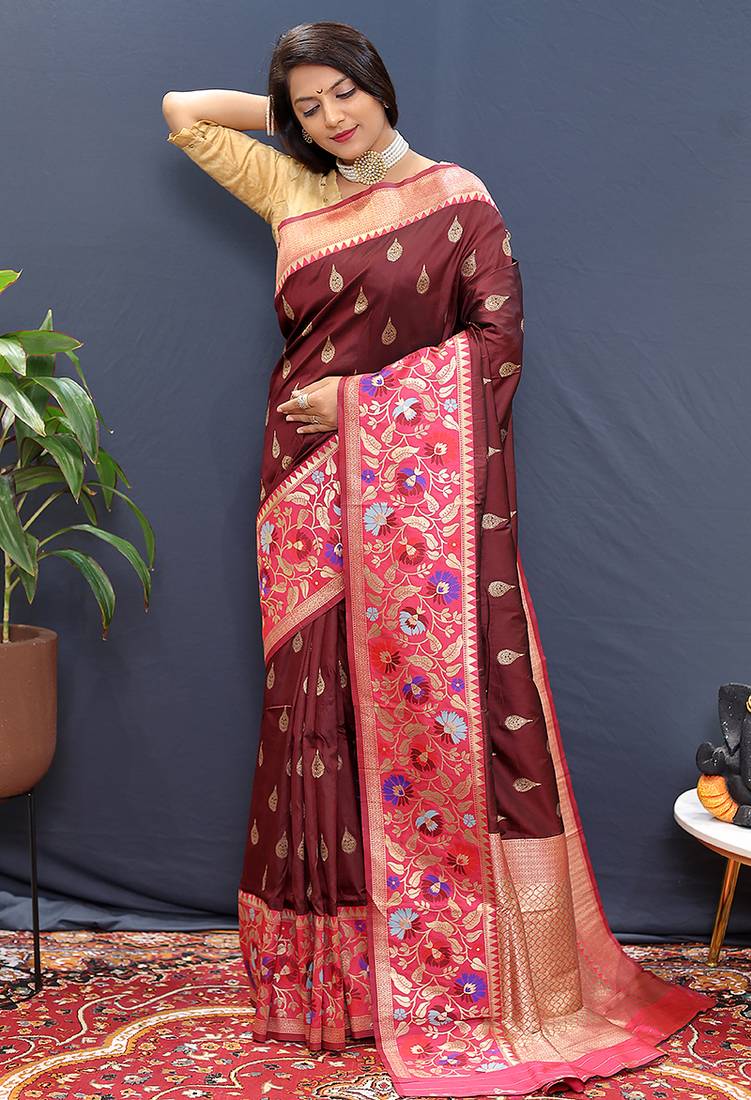 Maroon banarasi silk blend saree with multicolor paithani floral border & pallu