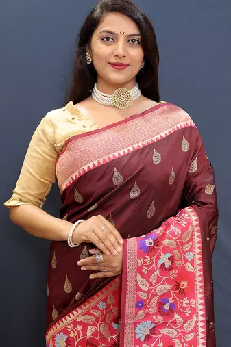 Maroon banarasi silk blend saree with multicolor paithani floral border & pallu