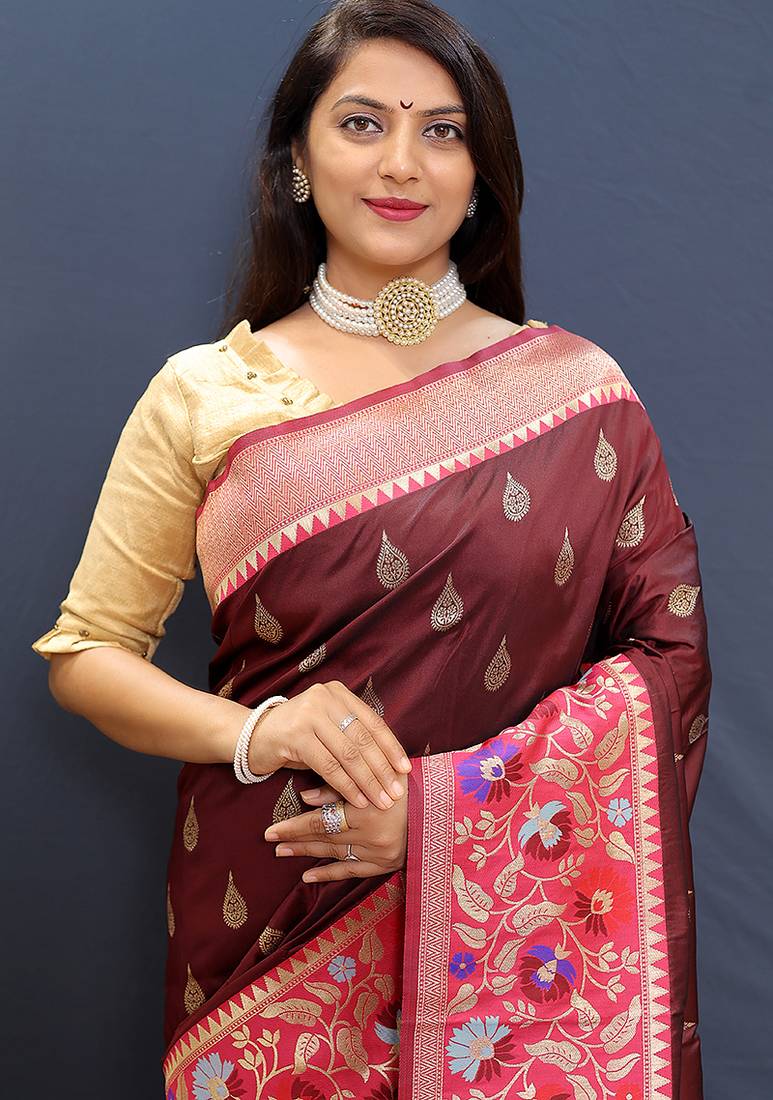 Maroon banarasi silk blend saree with multicolor paithani floral border & pallu