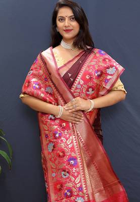 Maroon banarasi silk blend saree with multicolor paithani floral border & pallu 4